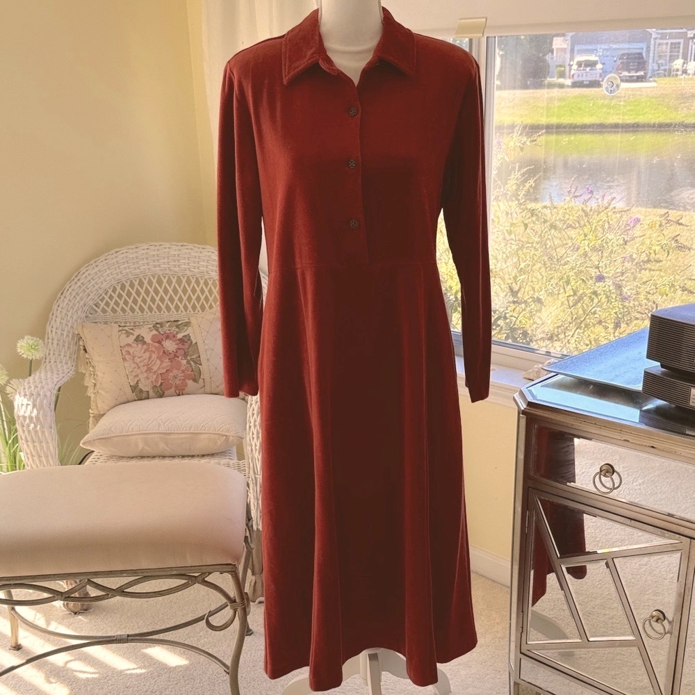 Coldwater Creek velour long sleeve button front maxi shirtdress career fall